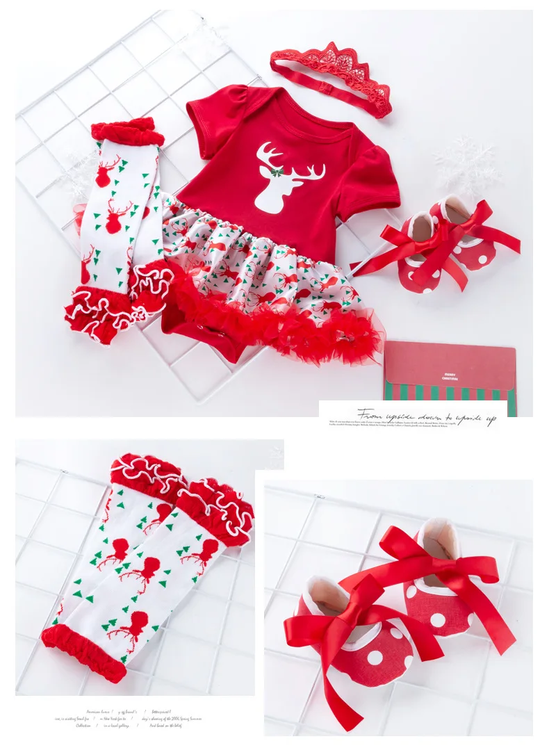 Красный милый комплект одежды принцессы для девочек на Рождество повязка на голову+ леггинсы носок+ туфли+ платья Одежда для первого Рождества Bebes