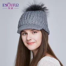ENJOYFUR зимняя шапка с помпоном из натурального меха с кепки с козырьками теплая подкладка женская шапка для девочек Новая зимняя женская шапка