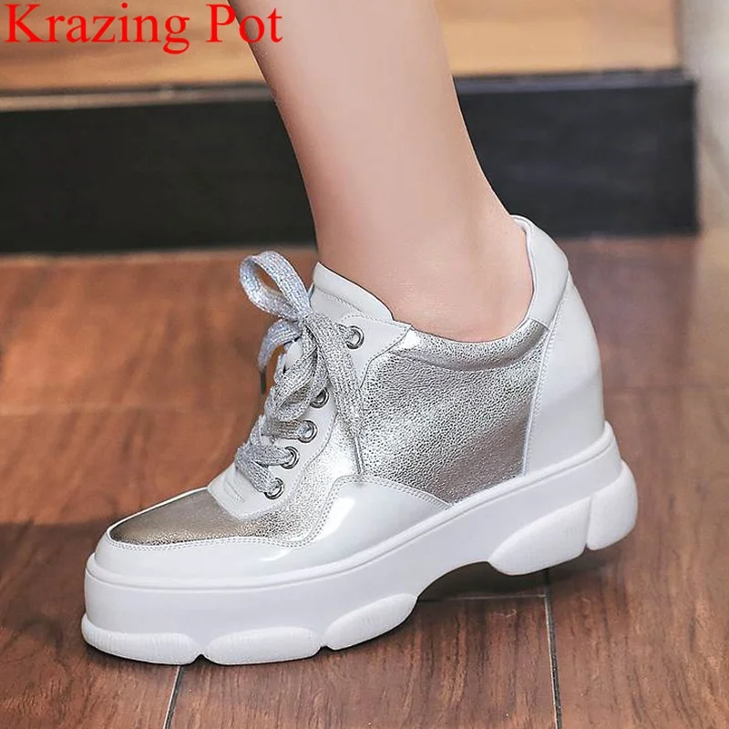 

2019 new big size genuine leather lace up round toe wedges platform casual shoes high heels sneaker women vulcanized shoes L10