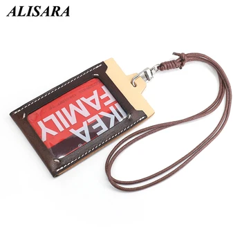 

Alisara Lanyards Id Badge Holder Genuine Leather Retractable Necklace Vertical Business Case Card Holders Name Tag Id Card Cover