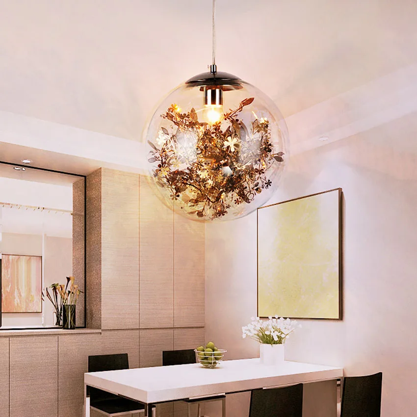Подвесной светильник в скандинавском стеклянном шаре диаметром 20, 25, 30 см, прозрачный стеклянный абажур, золотые, серебряные цветы для декора, подвесной светильник для ресторана