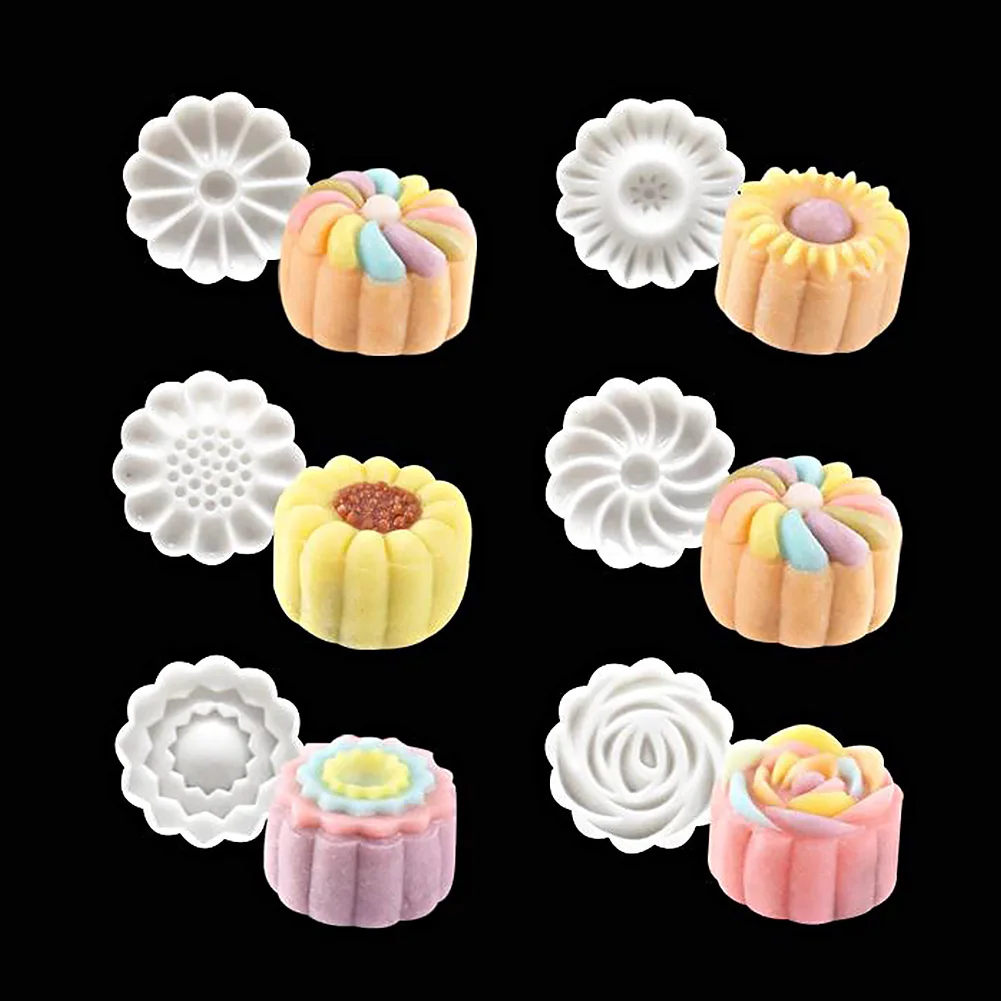 

6 Styles Pastry Mooncake Mold Fondant Cookie Round Flower Festival Biscuit Hand Pressure ABS Decoration Baking Tool Stamps Rose