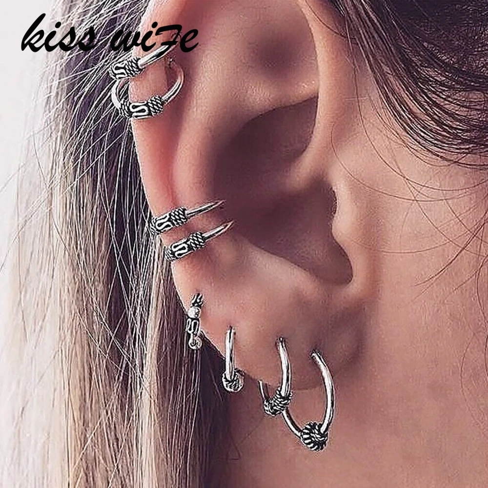 

KISSWIFE 8 PCS/Set Silver Circle Knot Stud Earrings for Women Bohemian Flower Fashion Earring Vintage Hook Design Ear Punk