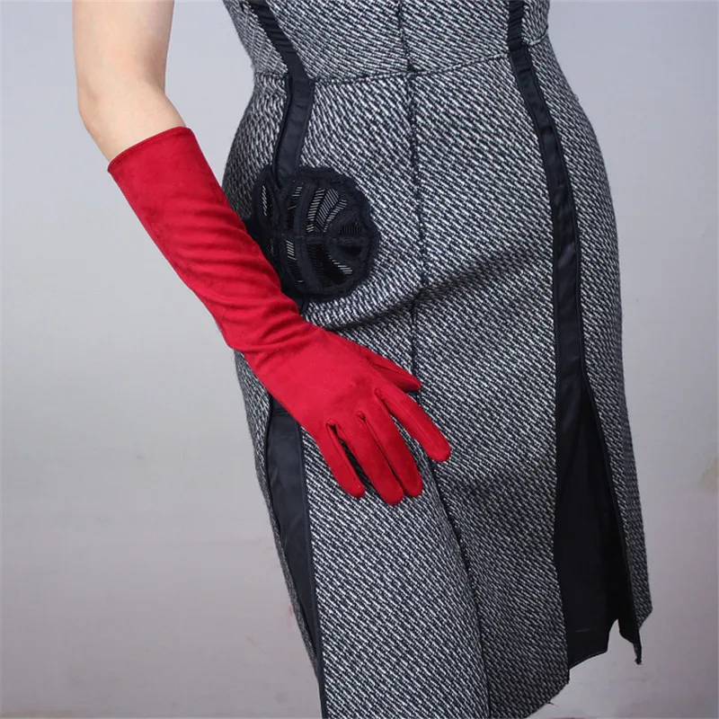Nice Red Suede Leather Gloves Woman 40cm Long Imitation Genuine Leather