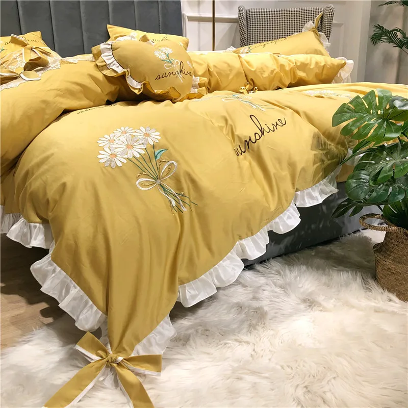 Little Daisy embroidery Bedding Sets girls Beddingset egyptian cotton Bed Linen Duvet Cover Bed Sheet Pillowcase/bed Sets 4/7pcs