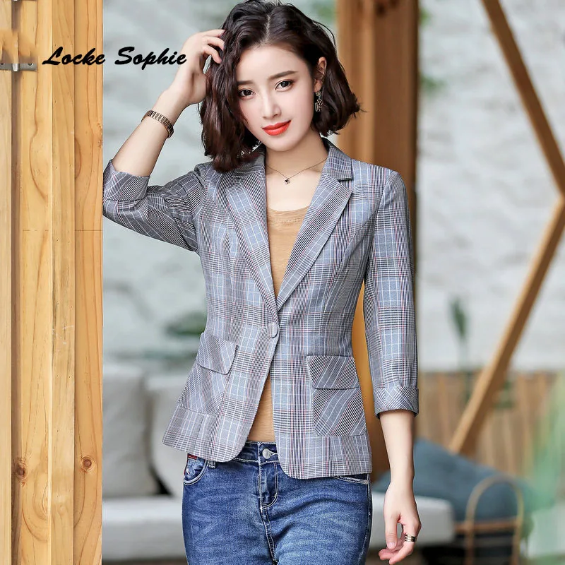 Women Plus size Blazers coats 2019 Summer cotton blend Single buckle plaid Small Suits jackets ladies Skinny Blazers Suits coats