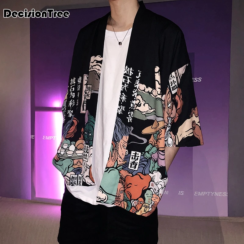 2019 summer japanese style Ghosts Print Harajuku Style Blouse men jackets open stitch kimono hip hop streetwear male outwear