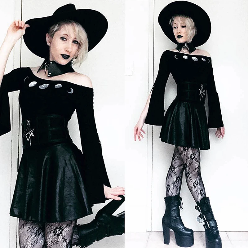 InstaHot القوطية انقسام مضيئة كم داخلية النساء القمر طباعة القطع الرقبة قبالة الكتف ثوب فضفاض الأسود الشرير مطاطا بارد وتتسابق