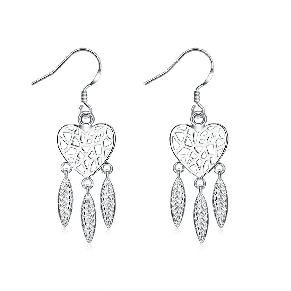 

Trendy Silver Dangle Earrings Openwork Earrings Woman's Heart Shape Drop Leaf Jewelry Gift