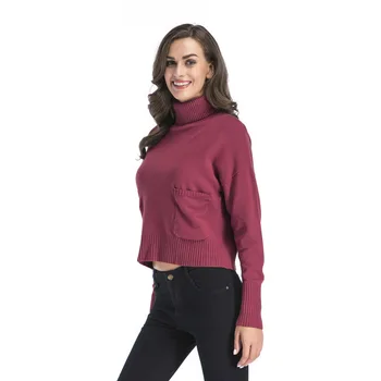 

Women Slim Sweater Solid Turtleneck Pocket Pullover Fashion Autumn Casual Sweaters Ladies Regular Warm Winter Solid Long Sleeve