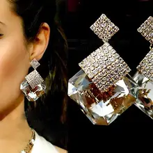 Brincos femininos brilhantes, brincos femininos pingente grande quadrado strass