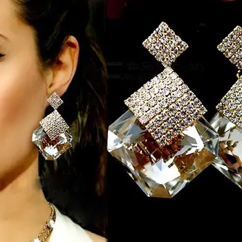 

Women Fashion Luxury Sparkling Big Square Rhinestone Pendant Drop Earrings Square large crystal rhinestone earrings hook earring
