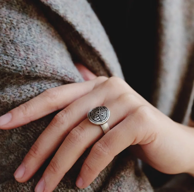 

S925 Silver Jewelry Handmade Chinese Ethnic Style Retro Neutral Opening Ring Gentle Temperament Fashion Free Shipping