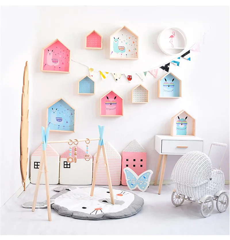 

Nordic Wooden Storage Rack Box House Shaped Decorative Wall Hanging Shelf for Kids Bedroom Living Room Storage Holders Organizer