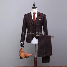 Латерированное пальто брюки дизайн шерсть бордовый Ckeck Твид на заказ мужской костюм жениха блейзеры Ретро slim fit Свадебные костюмы для мужчин 3 шт
