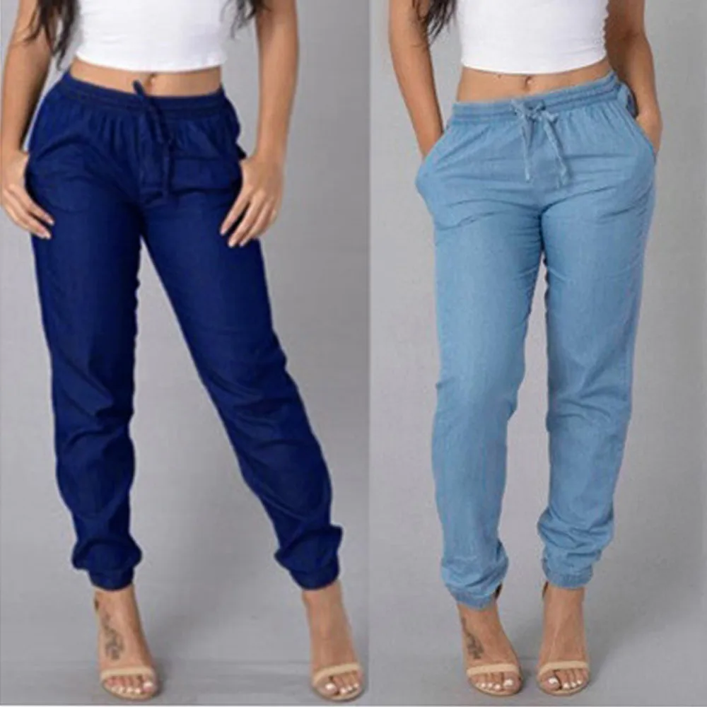 

Fashion Casual Womens Elastic Waist Jeans Pants High Waist Blue Denim Pants High Quality sports pants for women trousers women