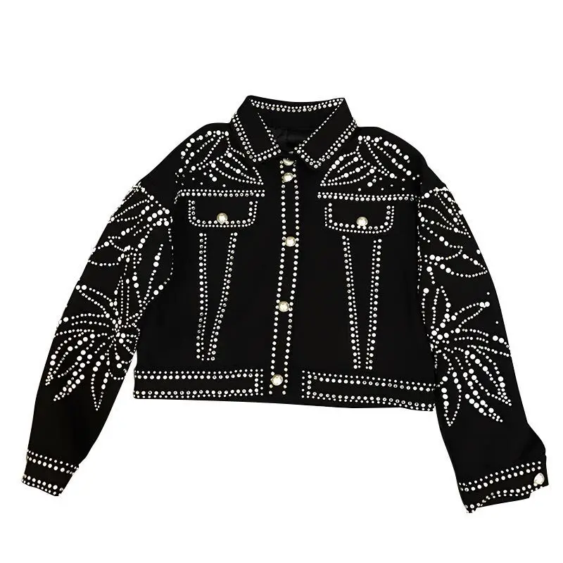 Европейская подиумная дизайнерская высококлассная Бриллиантовая куртка с листьями Женская Осенняя мода черное пальто верхняя одежда