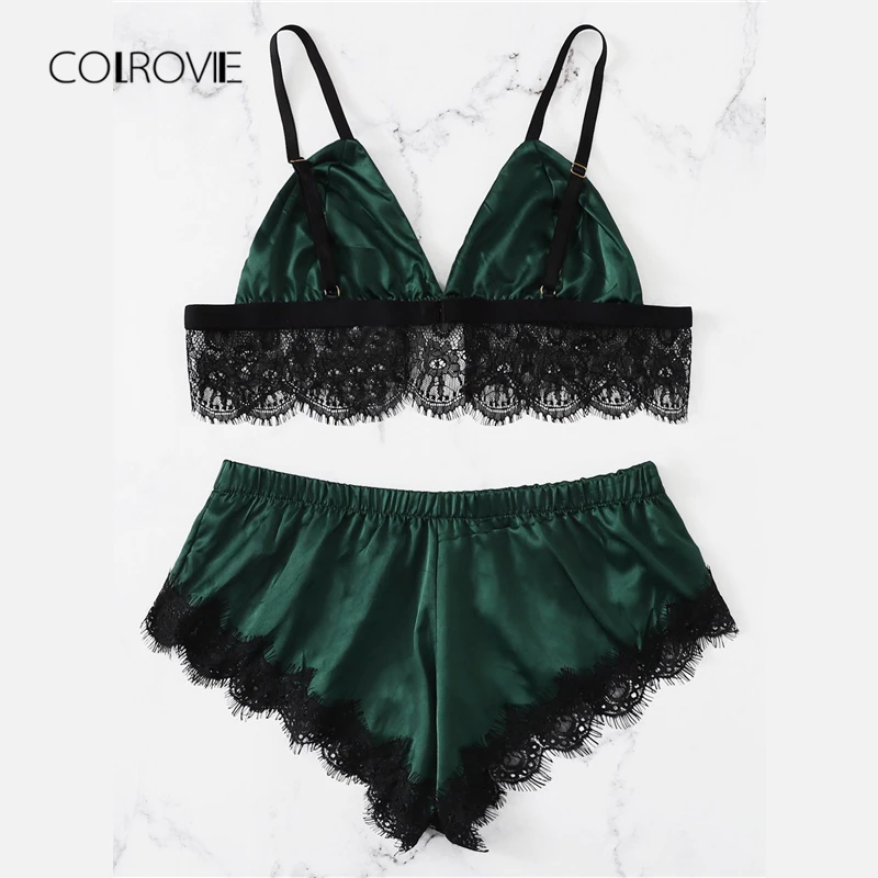 COLROVIE Green Scalloped Trim Contrast Lace Sexy Lingerie Set 2018 Women Wireless Underwear Set Female Satin Elegant Bra Set COLROVIE Green Scalloped Trim Contrast Lace Sexy Lingerie Set 2018 Women Wireless Underwear Set Female Satin Elegant Bra Set