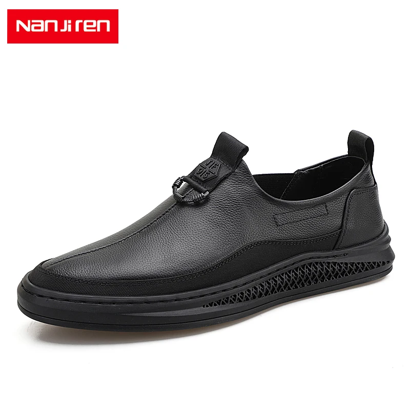 

Nanjiren Men's Shoes Genuine Leather Casual Shoes Loafers Moccasins Breathable Slip on Black Driving Shoes