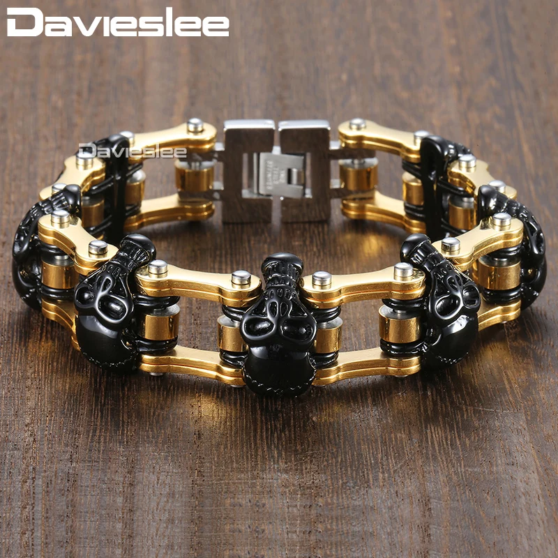 Davieslee черный череп браслет для мужчин ювелирные изделия Золотая велосипедная цепь 316L нержавеющая сталь мужские браслеты 18 мм DHB373
