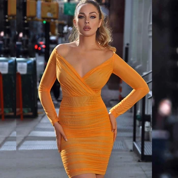 

2019 New Arrival Fashion Orange Long Sleeve Mesh Hollow Out Sexy Women Summer Dress Mini Clubwear V neck Vestidos Celebrity