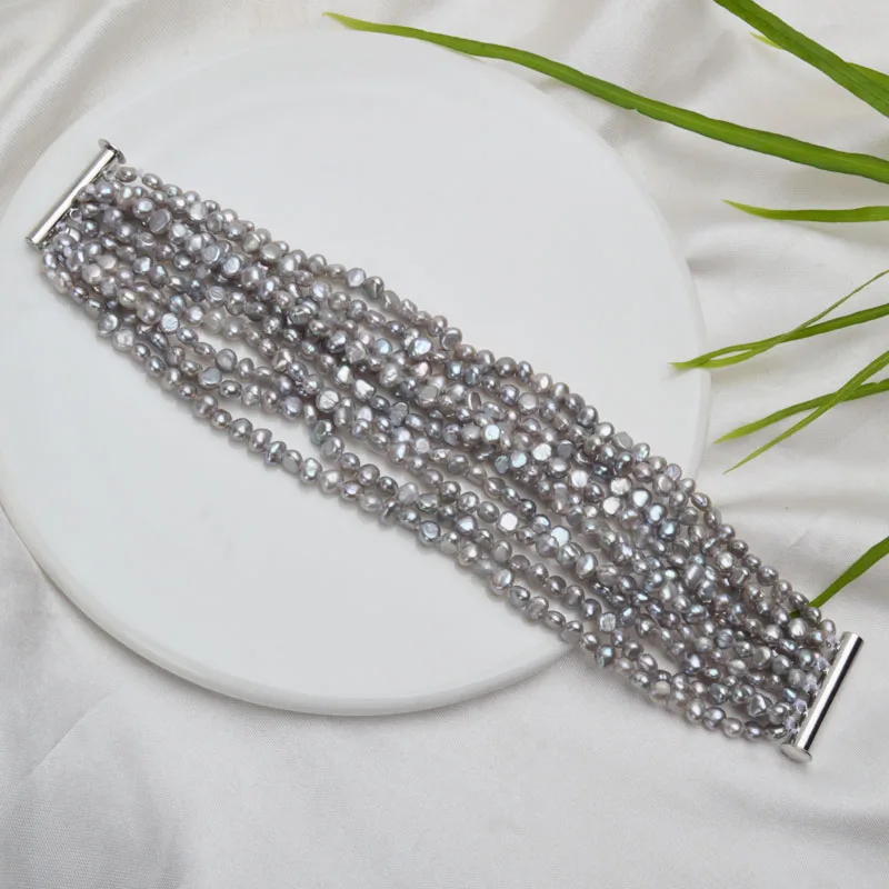 ASHIQI многослойный браслет из натурального пресноводного жемчуга для женщин, великолепные 10 рядов, изысканные модные ювелирные изделия с жемчугом 4-5 мм - Цвет камня: Серый