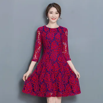 

Autumn new women's full lace dress A word red long Dresses big yards o neck korean fashion sexy party clothes design vintage