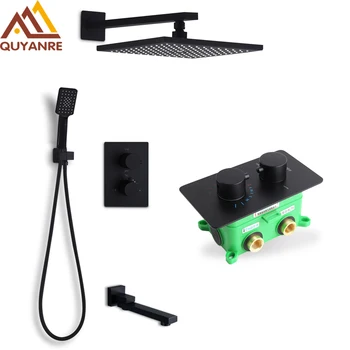 

Quyanre Black Thermostatic Bath Shower Faucets Kit 3-way Black Thermostatic Embedded box Swivel Tub Spout Black Shower Faucet