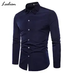 LeeLion 2018 новые модные летние однотонные рубашки мужчин Slim Fit Мужская одежда Открыть стежка рубашки с длинными рукавами Camisa социальной Masculina