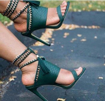 

New Summer Tassel Chains Decorated Ankle Strap Women Sandals Fashion Stilettos Thin High Heels Sandalias Mujer Party Women Shoes