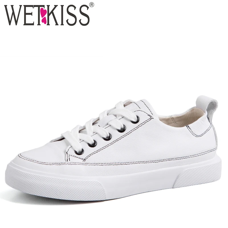 

WETKISS Cow Leather Flats Women Square Toe Lace Up Footwear Platform Casual Shoes Female Sneakers Girl Shoes Woman Summer White