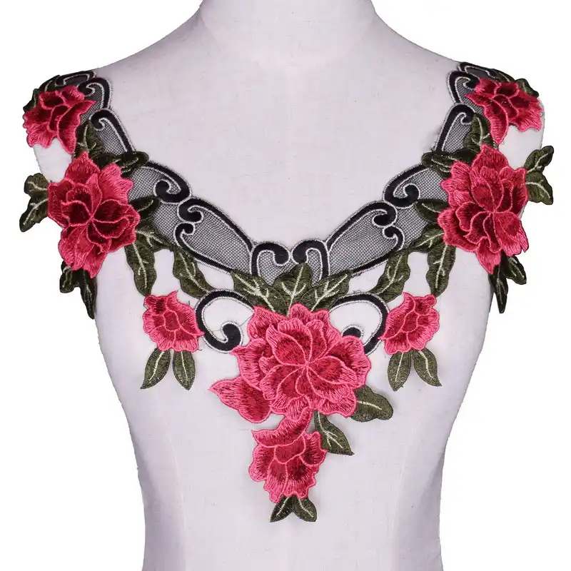 3D Flower Colorful Lace Neckline Collar Lace Trim Applique Polyester for Clothes Fabric Apparel Sewing On Home Textiles red