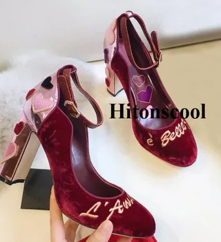 

2019 Retro Women Ankle Strap Pumps Patchwork Embroidery High Heels Wedding Dress Shoes Black Red zapatos de mujer size 35-42