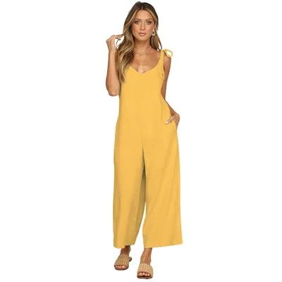 ZOGAA Комбинезоны женские модные однотонные с открытой спиной комбинезон без рукавов с v-образным вырезом Комбинезоны повседневные широкие брюки с открытыми плечами - Цвет: Цвет: желтый