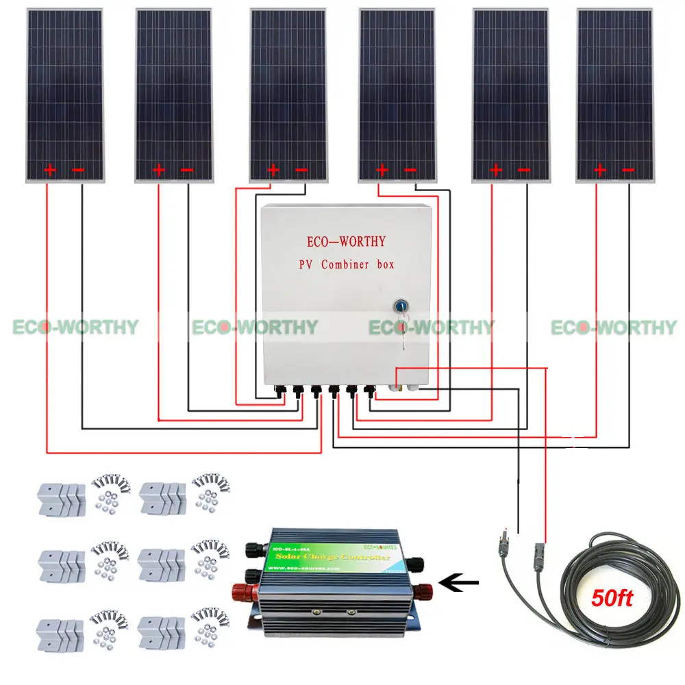 

6pcs 150W 12V Off Grid 900W Solar System W/ 45A Controller 6 String Combiner Box Solar Generators