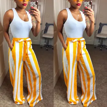 

Womens Casual Loose Stretch High Waist Wide Leg Long Pants Striped Pants