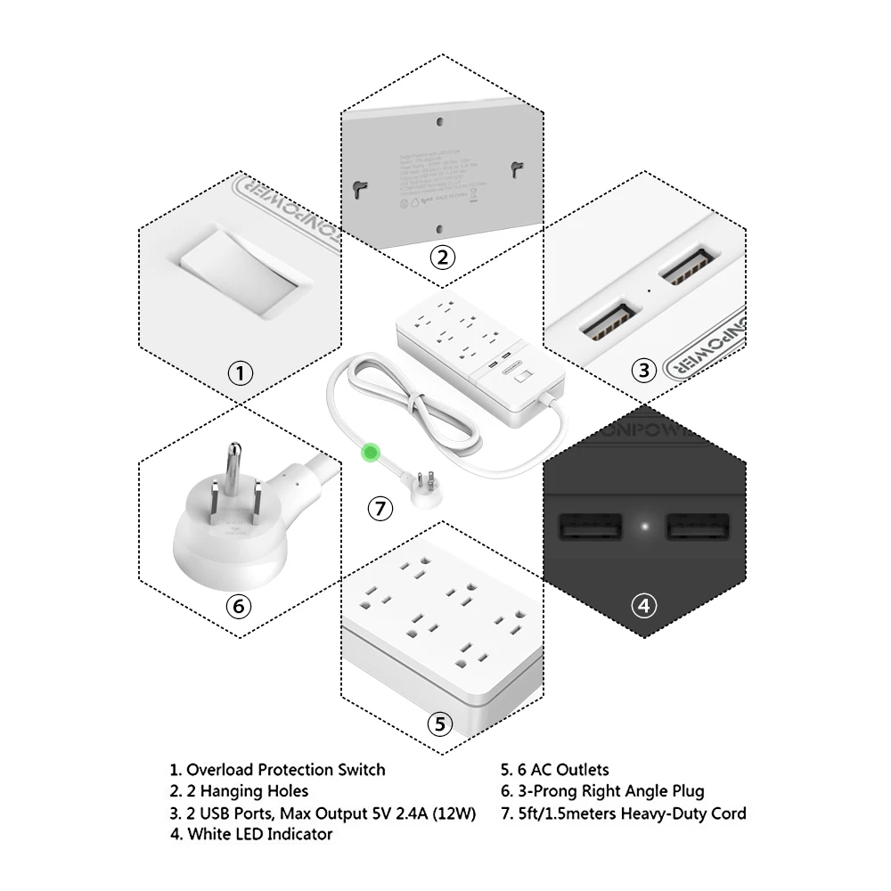 NTON POWER USB удлинитель питания защита розетки от скачков напряжения 6 AC 2 порт с