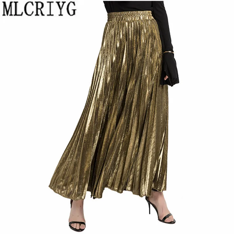Женские золотистые черные длинные юбки женские s эластичная высокая талия плиссированная летняя юбка весенние вечерние Клубные женские Saia Fenimias YQ179