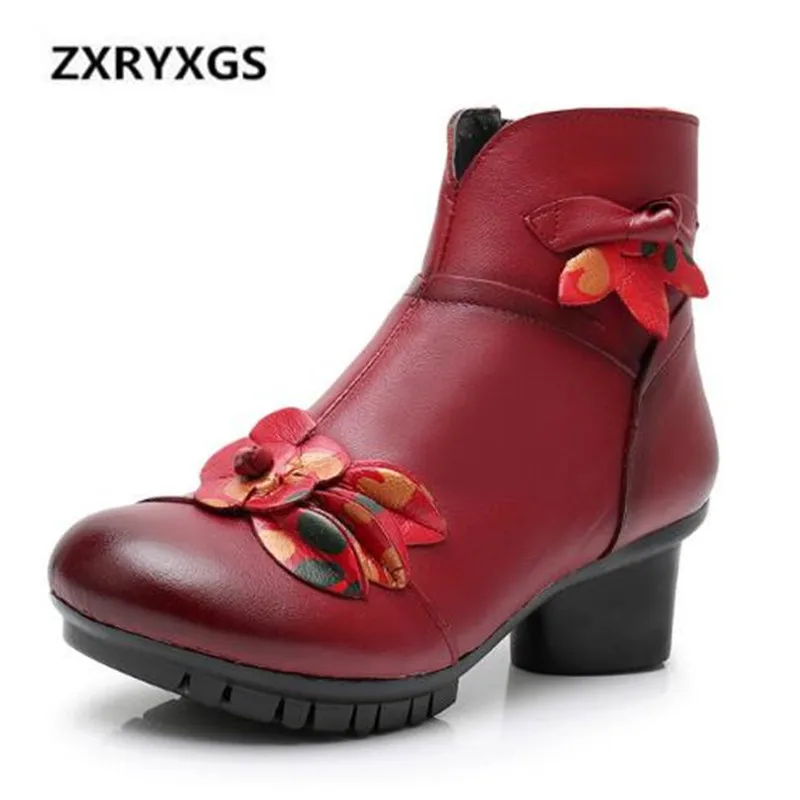 

2018 Autumn and Winter Shoes Woman New Retro Flower Cow Leather Boots Women Shoes Comfortable Warm Ankle Boots High Heel Shoes
