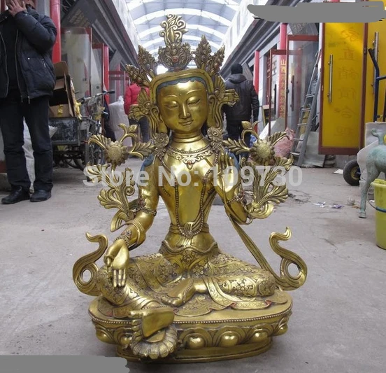 

002875 Nepal Bronze Gild Hand-carved Buddhist flower Green TaRa Buddha statue