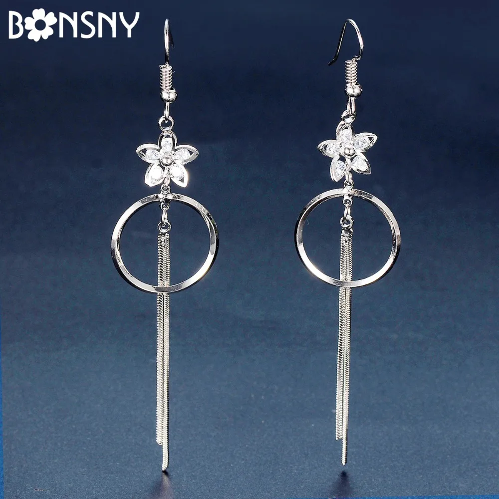 

Bonsny Silverstone Flower Ring Tassel Cubic Zircon Earrings Dangle Drop Zirconia Charms For Women Birthday Gifts Fashion Jewelry