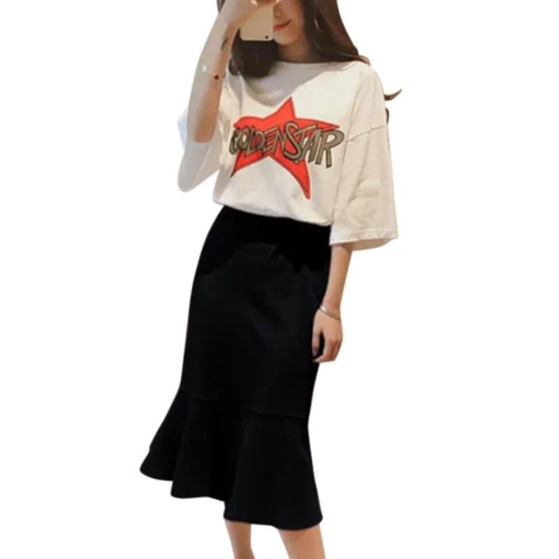 

Womens Sets Two Piece Sets Plus High Waist Wide Ruffles Trim Pencil Skirts Printed T-shirt 2018 Half Sleeve Casual Women's Sets
