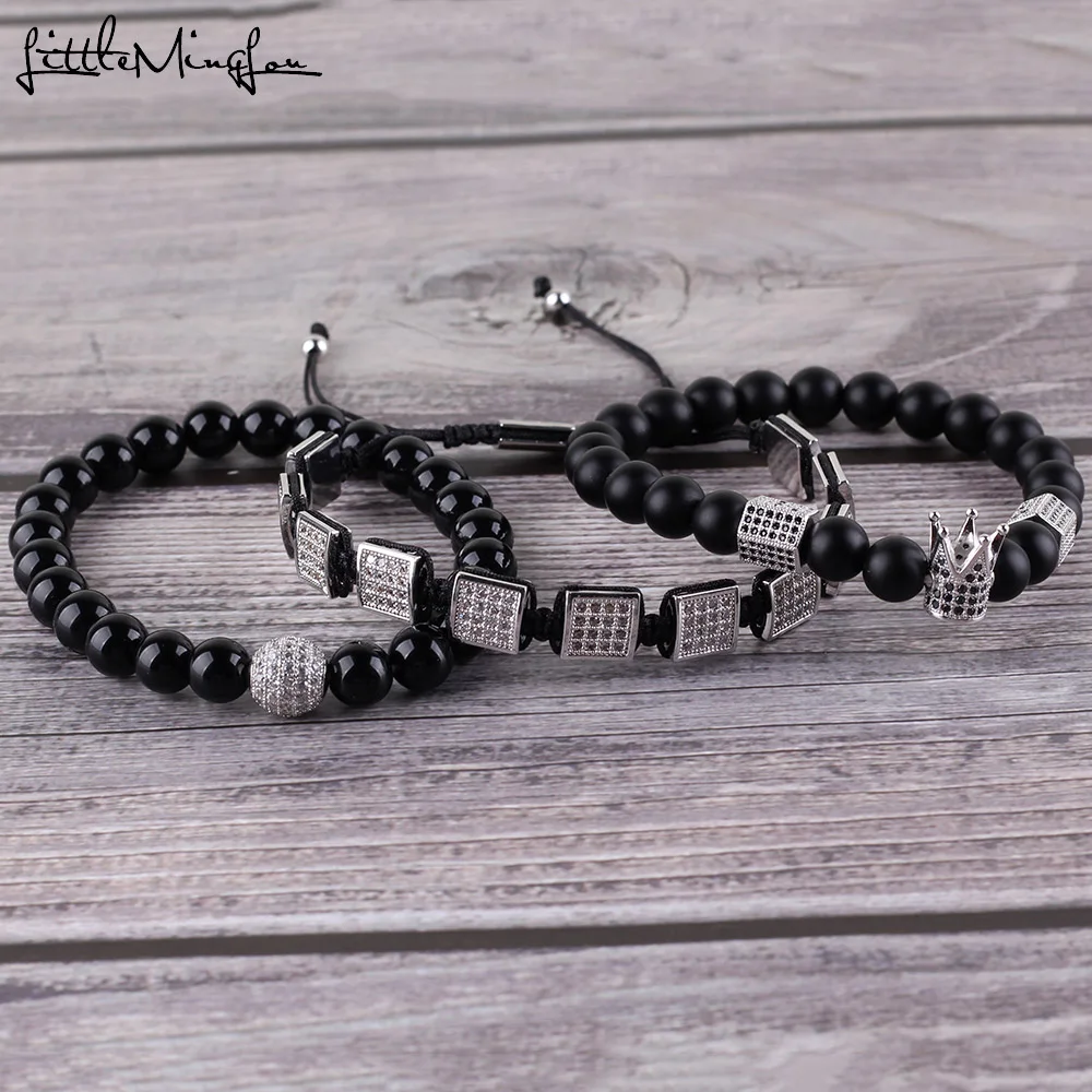 3pcs/set Natural Stone Beads Men Bracelet Set CZ Copper Square Braiding Hexagon Crown Ball Charms Bracelets & Bangles Jewelry