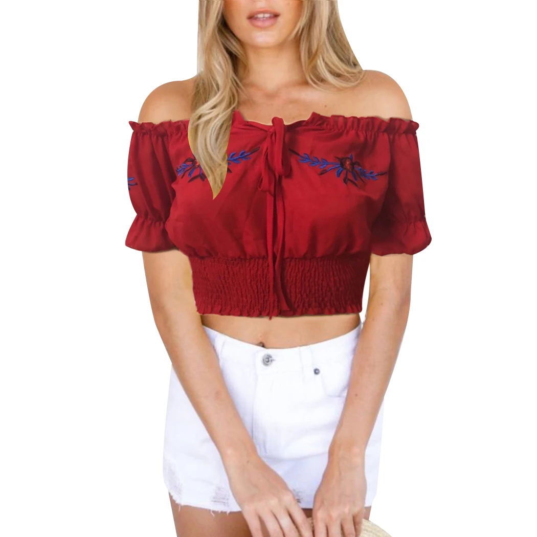 Women Cropped Floral Embroidery Blouses Sexy Off Shoulder Crop Tops Female Summer Short Sleeve Lace Up Tee Ruffles Shirt A4 |