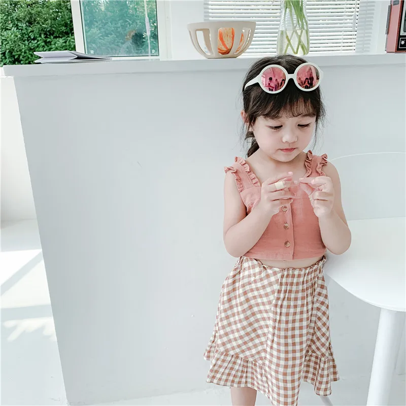 

2019 Summer Little Girl Clothing Set Sleeveless Wood Ear Fashion Top+Plaid Skirt Children Suits Baby Birthday Party Outfits 2-7T