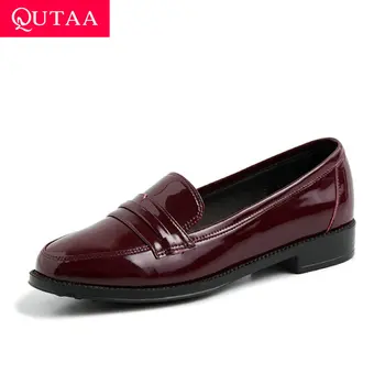 

QUTAA 2020 Fashion Square Low Heel Slip on Autumn Casual Women Pumps Vintage Patent Leather All Match Women Shoes Size 34-39
