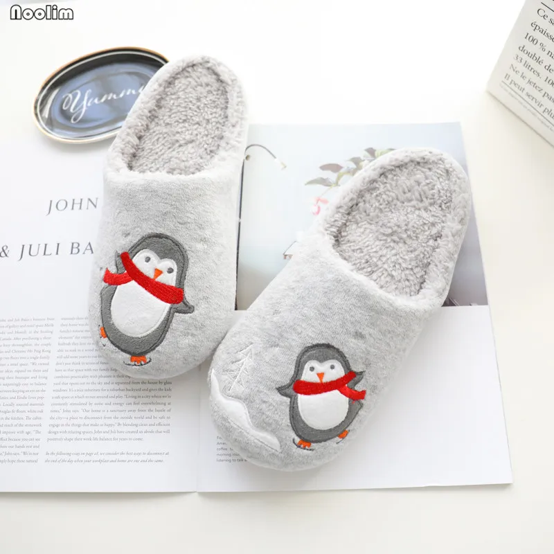 Winter Cute Cartoon Dancing Scarf Penguin Men Women Slippers Couple Waterproof Indoor Warm Plush Home Shoes Autumn Flat Slippers