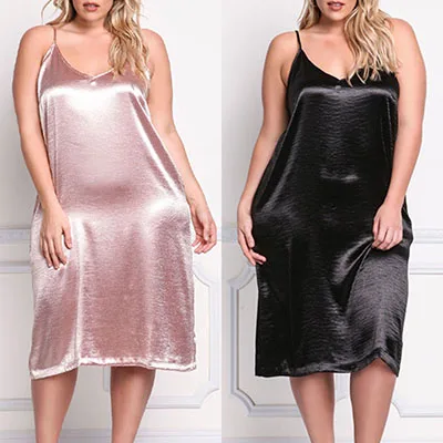 ShameAll размера плюс, без рукавов, глубокий v-образный вырез, атласное сексуальное платье-комбинация, женская пижама, платье до середины икры, глянцевое вечернее черное платье