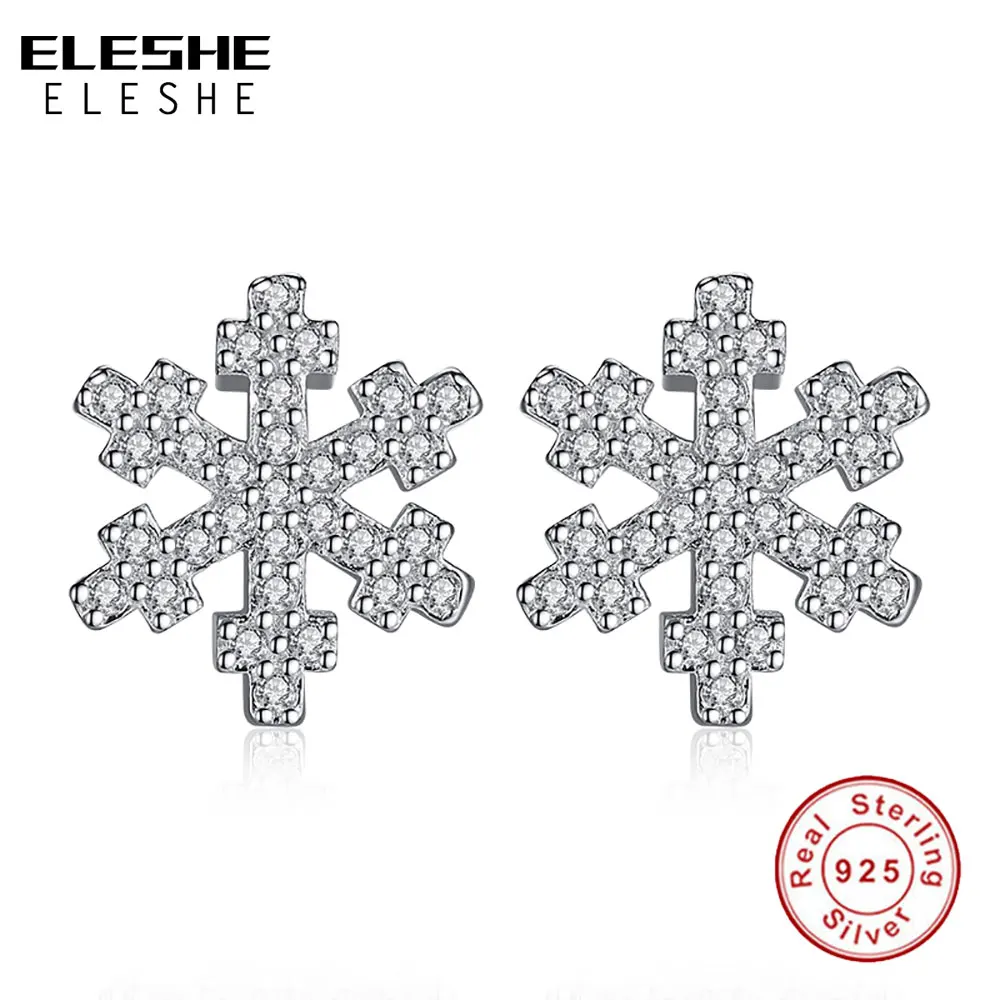 

ELESHE Genuine Solid 925 Sterling Silver Clear CZ Crystal Stone Snowflake Stud Earrings For Women Christmas Day Jewelry Gift