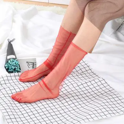 55 см длинные модные, прозрачные Тюль блестящие свободные Для женщин носки прозрачные пикантные милые носки до лодыжки 1 пара Прямая - Цвет: red